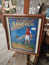 The Raleigh All Steel Bicycle framed advertising print. {45 cm H x 40 cm W}.