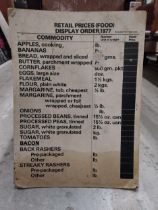 1977 Retail price list cardboard advertising sign. {55 cm H x 40 cm W}.