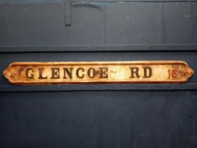 Georgian Glencoe Road cast iron street sign {H 20cm x W 170cm x D 2cm }.