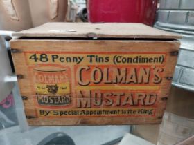 Colman's Mustard wooden advertising box. {15 cm H x 22 cm W x 18 cm D}.