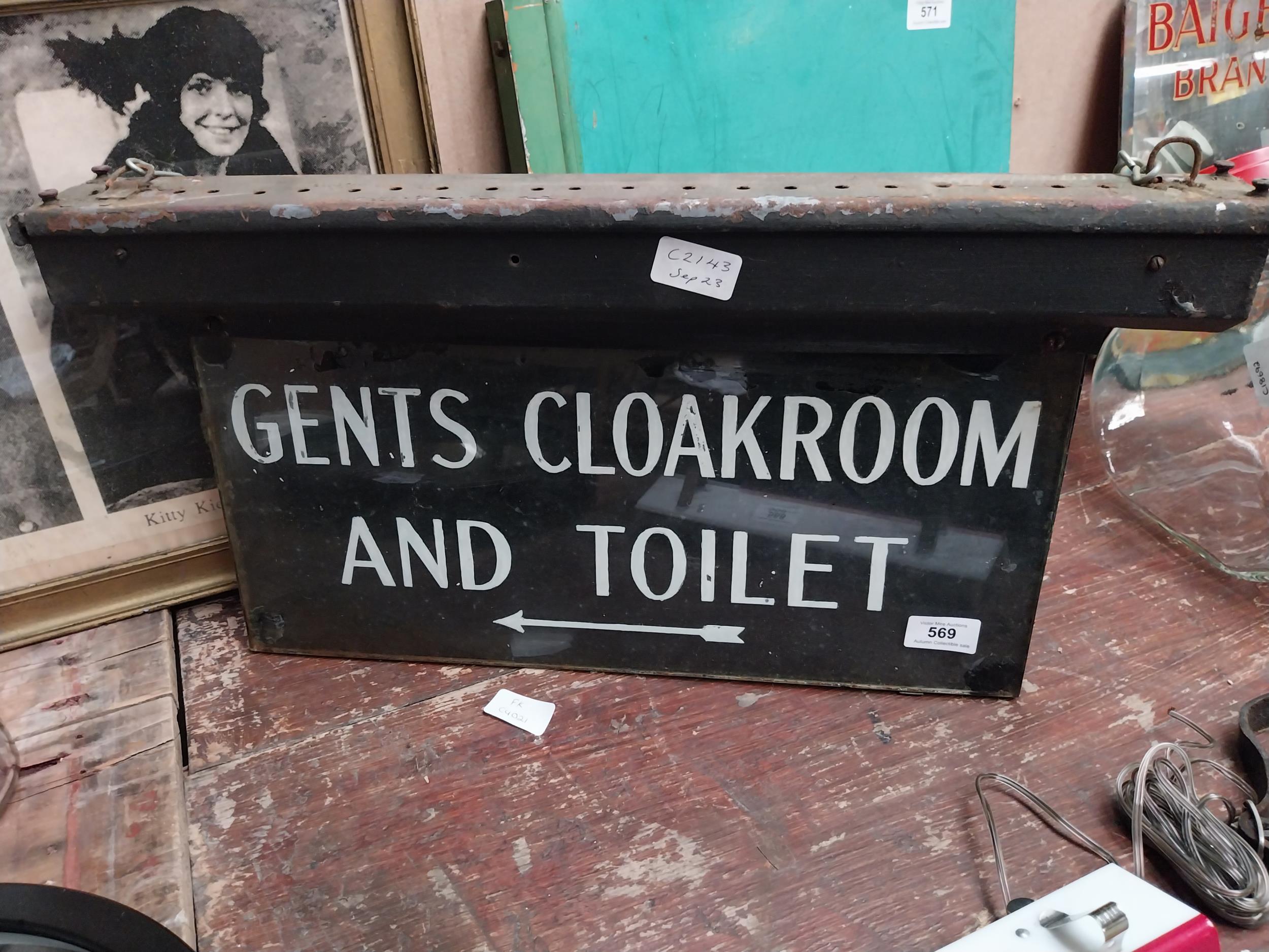 1930's Metal and glass Gents cloakroom and toilet hanging sign. {38 cm H x 57 cm W}. - Image 3 of 3