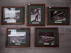 Set of five black and white framed prints of Guinness factory scenes. {35 cm H x 44 cm D}.