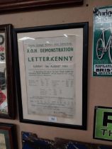 County Donegal AOH Demonstration Letterkenny August 15th 1954 framed notice. {48 cm H x 33 cm W].