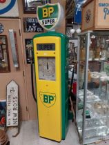 1960's B P Super forecourt petrol pump. {217 cm H x 57 cm H x 42 cm W