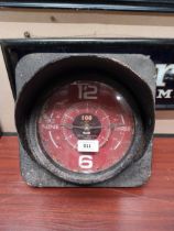 Novelty clock in form of speedometer. {29 cm H x 29 cm W}.