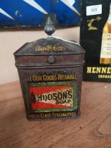 Rare early 1900's Hudson's Soap tin plate string box. {19 cm H x 12 cm W x 12 cm D}.