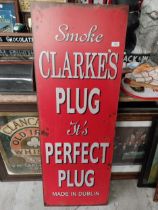 Smoke Clarke's Plug It's Perfect tin plate double sided advertising sign. {124 cm H x 45 cm W}.