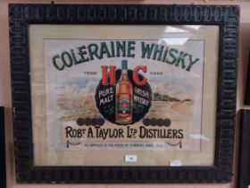 Coleraine Whiskey Robt A Taylor Ltd Distillers framed showcard. {58 cm H x 73 cm W}.