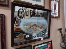 Old Bushmills Irish Whiskey framed advertising mirror. {39 cm H x 49 cm W}.