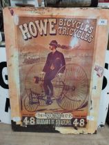 1970's Howes Bicycles and Tricycles tin plate advertising sign. {61 cm H x 46 cm D}.