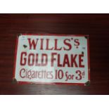 Wills's Gold Flake Cigarettes enamel advertising sign. {24 cm H x 36 cm W}.