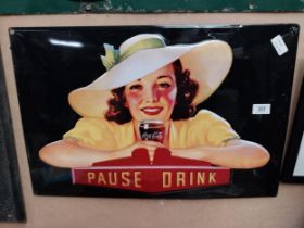 Coca Cola Pause Drink tin plate advertising sign. {39 cm H x 59 cm W}.