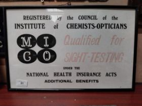 Institute of Chemists/Opticians NHS framed showcard. {29 cm H x 35 cm W}.