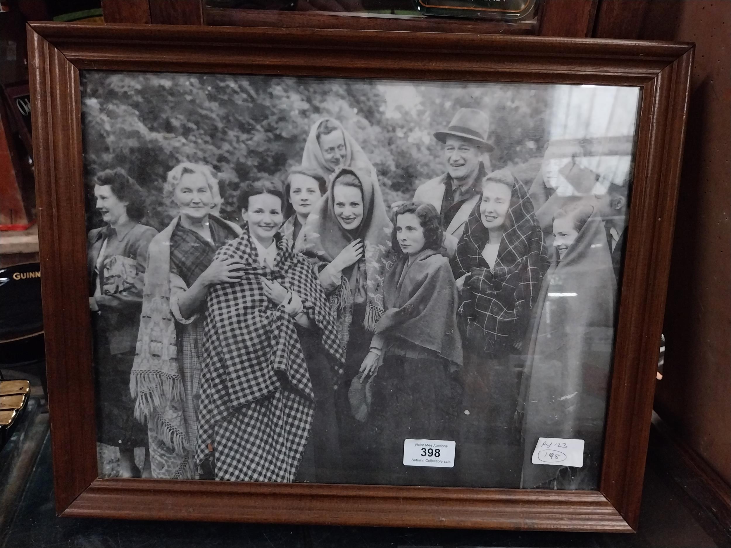 Framed black and white print of Maureen O'Hara and John Wayne on set of The Quiet Man. {35 cm H x 44