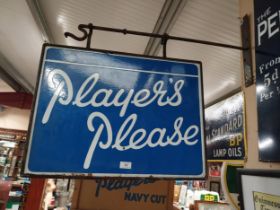 Player's Please double sided enamel advertising sign on original bracket. {56 cm H x 62 cm W}.