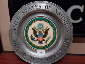 Seal of the United States of America metal dish. {28 cm Dia.}