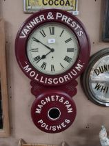 Vanner & Prest's Molliscorium painted tin advertising clock. {78cm H X 47cm W}.