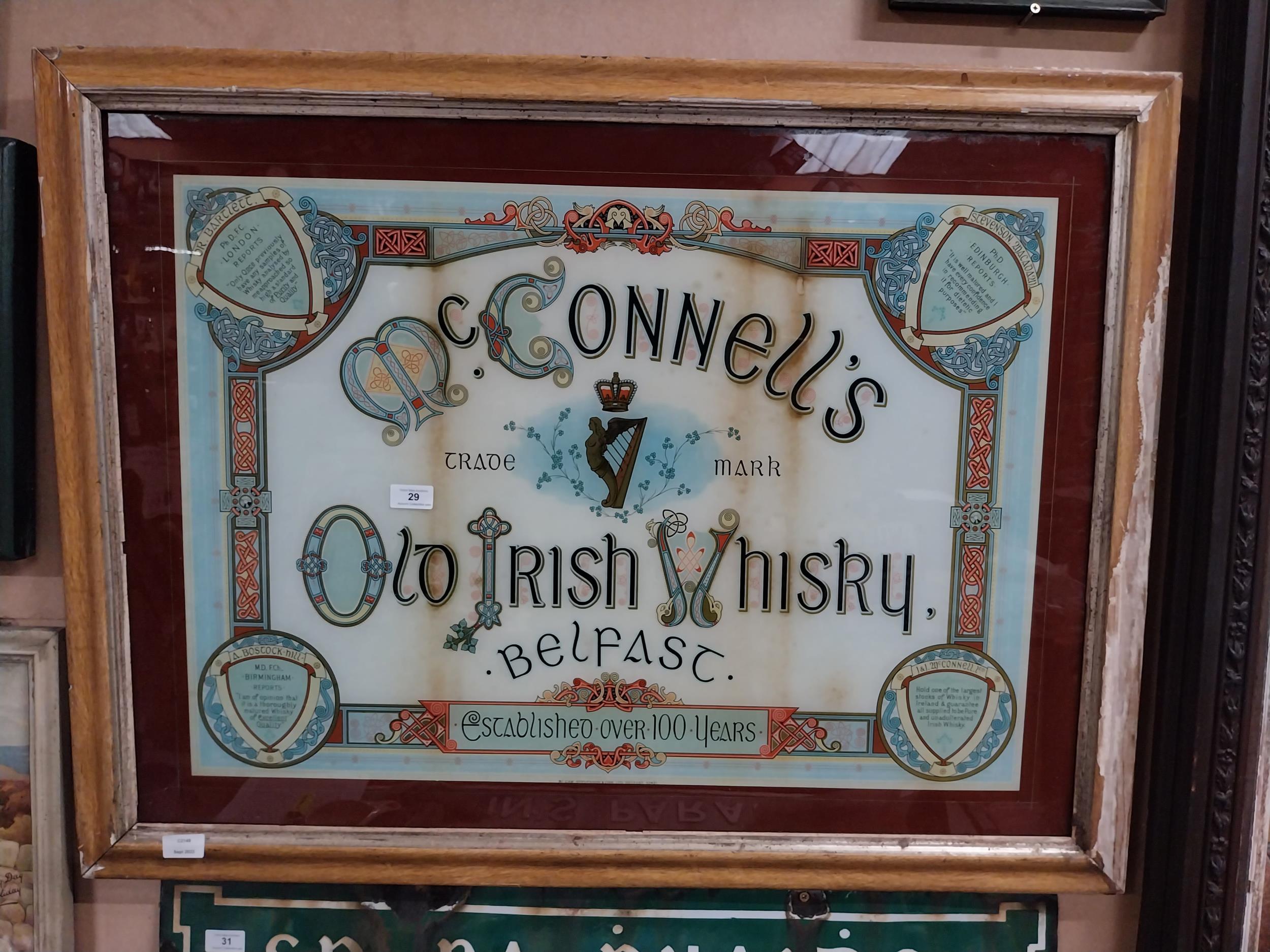 Rare late 19th C. McConnell's Old Irish Whiskey Belfast reverse painted glass advertising sign