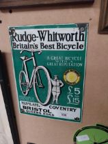 Rudge Bicycles enamel advertising sign. {26 cm H x 20 cm W}.