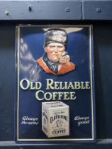 Old Reliable Coffee tin advertising sign. {H 30cm x W 20cm}.