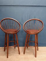 Pair of spindle backed wooden high stools {H 115cm x W 62cm x D 45cm }.