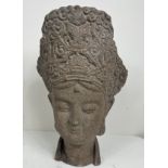 Large crowned stone Buddha head. {H 50cm x D 23cm x W32cm }.