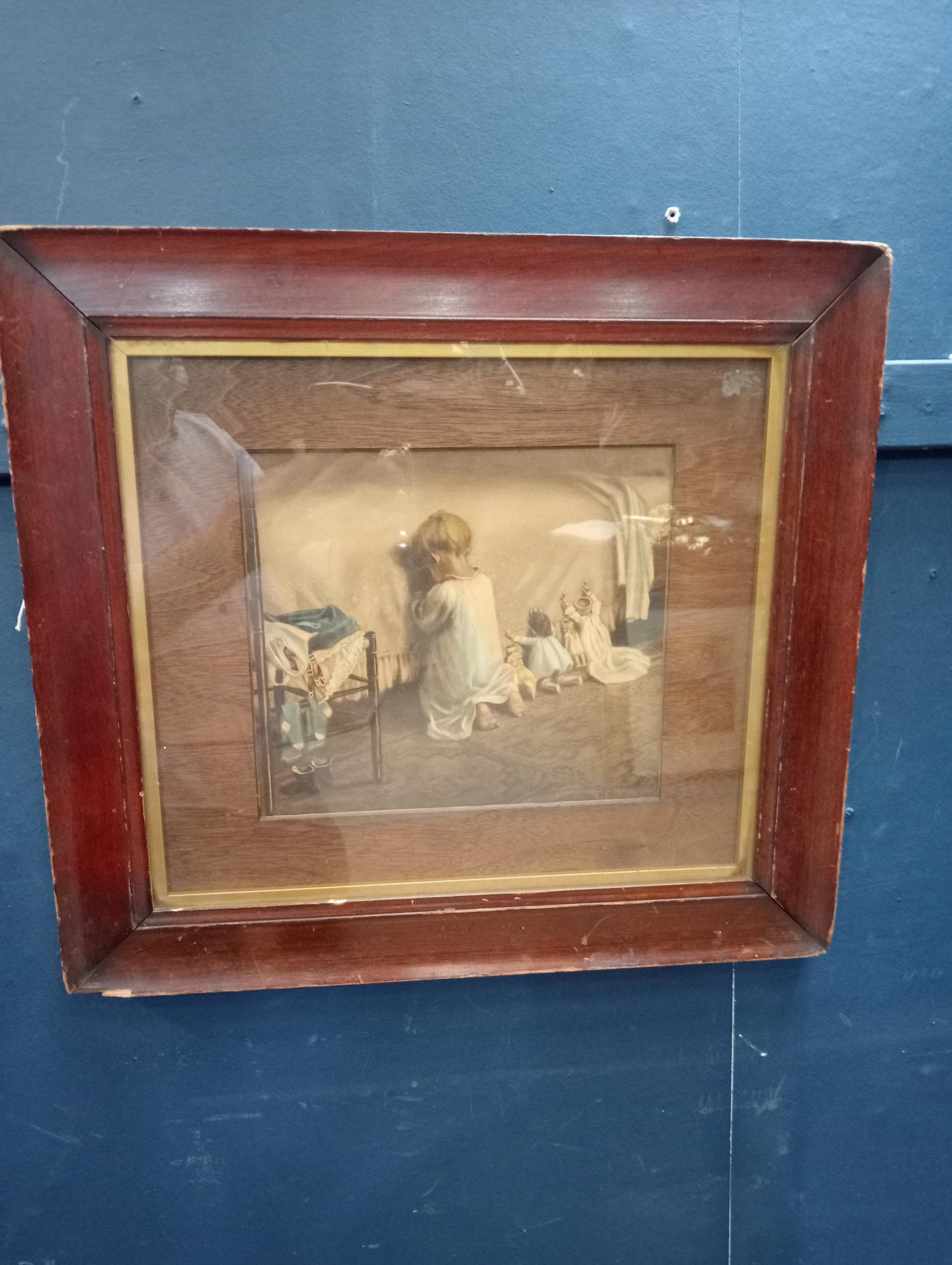 Framed Victorian coloured print of Boy Praying. {H 43cm x W 48cm}.