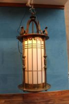 Good quality bronze hanging lantern decorated with acanthus leaves and opaque glass panels. {H 140cm