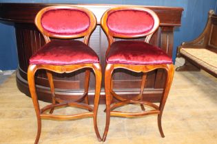Pair of mahogany high stools with red velvet upholstered with oval back {H 110cm x W 50cm x D