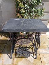 Cast iron sewing base with slate top {H 77cm x W 66cm x D 54cm}.