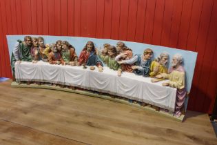 Carved resin plaque of the Last Supper commissioned 1976 {H 91cm x W 380cm x D 40cm }.