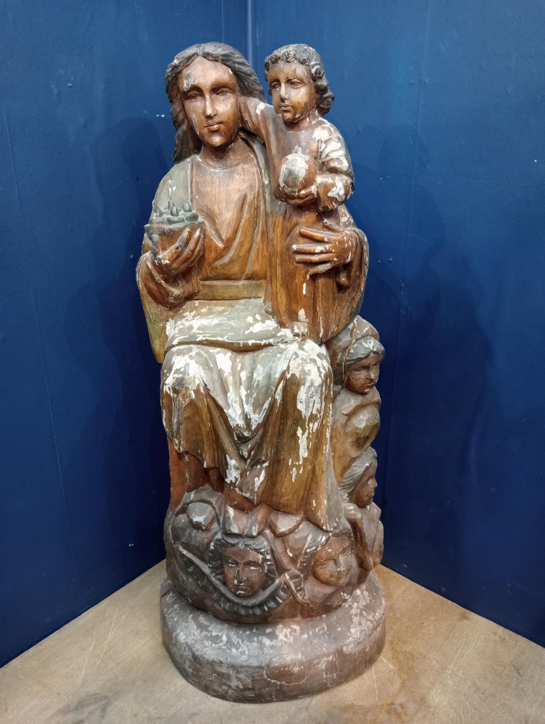 19th C. carved wooden statue of Madonna and child. {H 132cm x W 153cm x D 38cm }.
