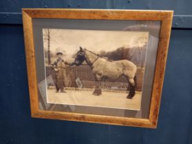 Framed black and white print of man and horse {H 56cm x W 66cm}.