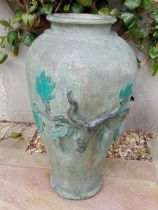 Terracotta glazed pot with floral decoration {H 78cm x Dia 42cm}.
