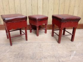 Three painted wooden upholstered leather top bar stools {H 36cm x W 30cm x D 30cm }.