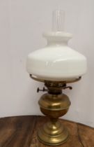 Victorian brass oil lamp with white glass mushroom shade {H 49cm x Dia 20cm }.