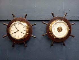 Schulz compensated barometer and matching clock in ships wheel surround {D 10cm x Dia 33cm }.