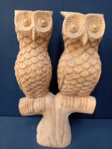 Carved wooden pair of barn owls. {H 52cm x W 30cm x D 15cm }.