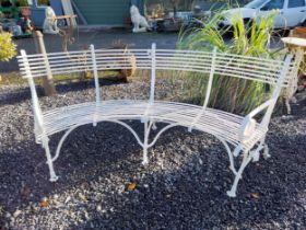 Good quality hand forged wrought iron Arras style curved bench. {86 cm H x 196 cm W x 70 cm D}.