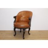 Victorian Leather upholstered mahogany swivel office chair raised on cabriole legs {H 86cm x W