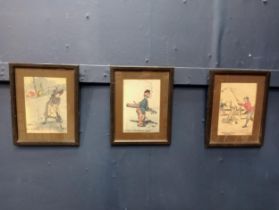Set of three caricature golf and fishing pictures {H 23cm x W 18cm }.