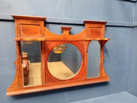 Edwardian Mahogany inlaid overmantle with three mirrors. {H 78cm x W 127cm }.