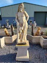 Moulded stone statue of Hercules on square pedestal. {252 cm H x 60 cm W x 60 cm D}.