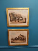 Pair of 19th C. coloured prints THE FIRST STAGE OUT and THE LAST STAGE IN mounted in gilt frames {44