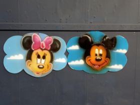 Pair of Mickey and Minnie Mouse advertising signs {H 37cm x W 51cm}.