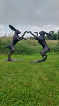 Exceptional quality bronze sculpture of Boxing Hares {83 cm H x 62 cm W x 37 cm D and 76 cm H x 54