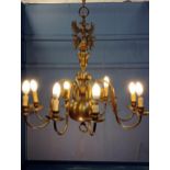 Good quality decorative eight branch gilded brass chandelier. {H 100cm x Dia 90cm }.