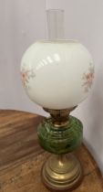 19th C. table lamp with later glass shade on wooden base. {H 55cm x Dia 14cm }.