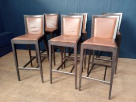 Set of six high bar stools with upholstered leather seats and back. {H 106cm x W 42cm x 4D 42cm Seat