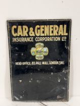 Car and General Insurance Corporation tin plate advertising sign {H 33cm x W 23cm}.